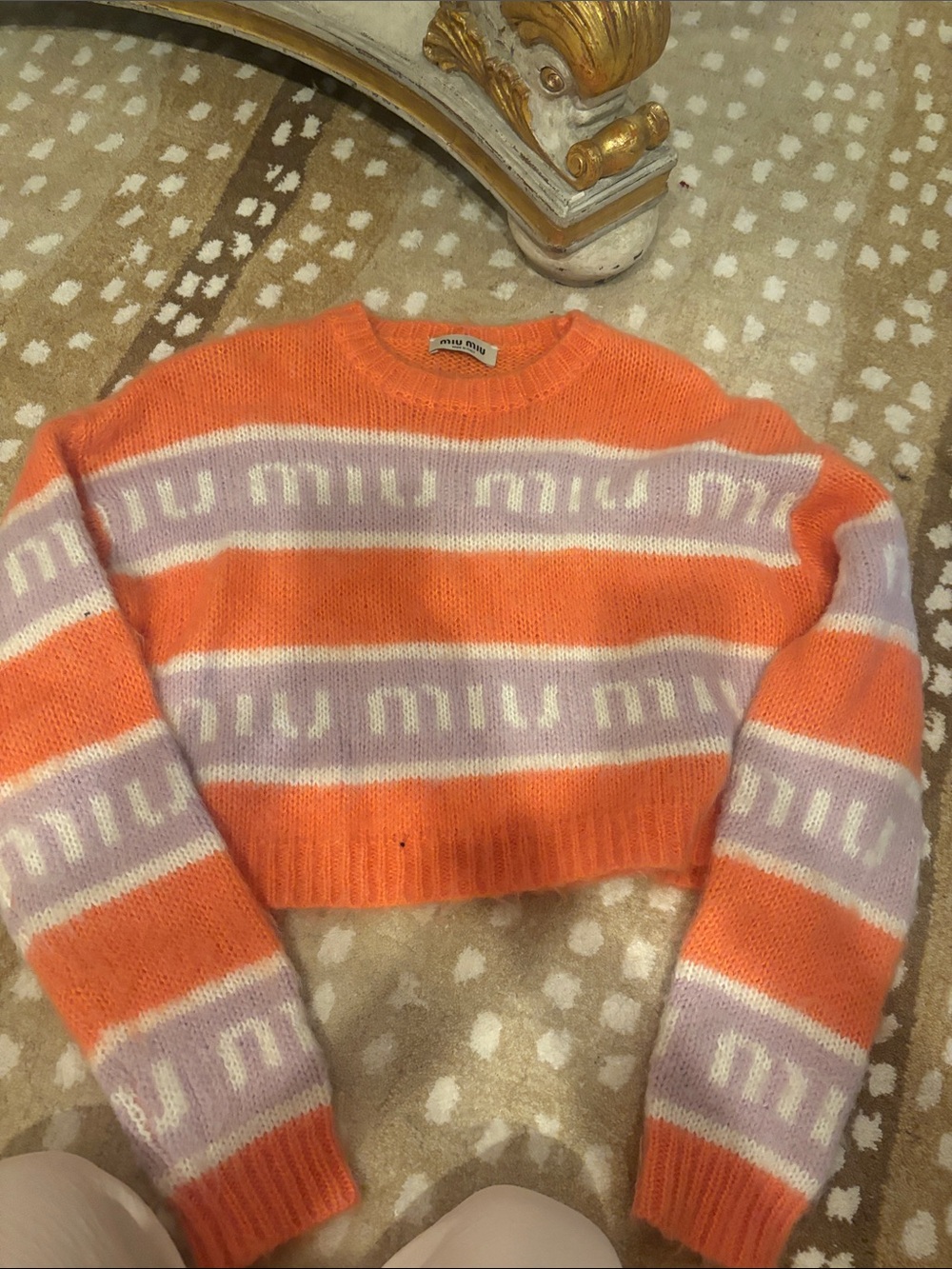 Miu Miu Orange, Lavender & White Striped Cropped Crew Sweater